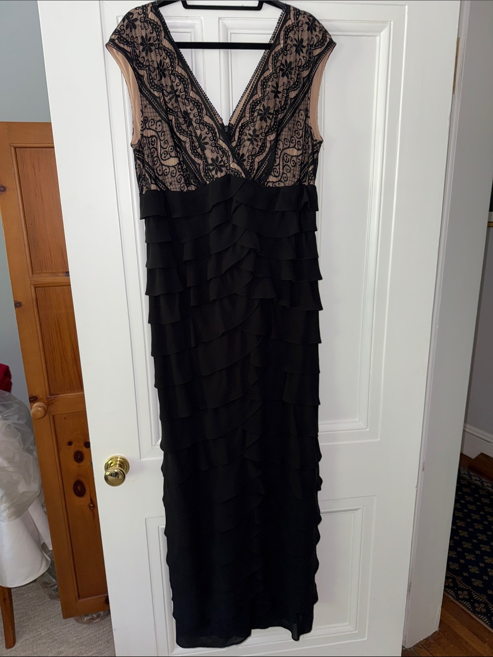 Adrianna Papell Black and Nude Lace Tiered Ruffle Gown